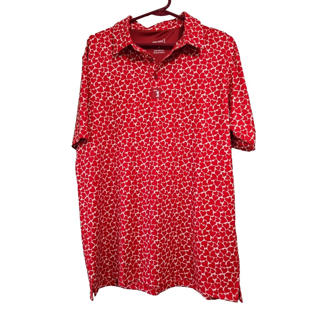 Bogey Bros Golf Polo Mens Large Red Heart Print Performance Valentines Novelty